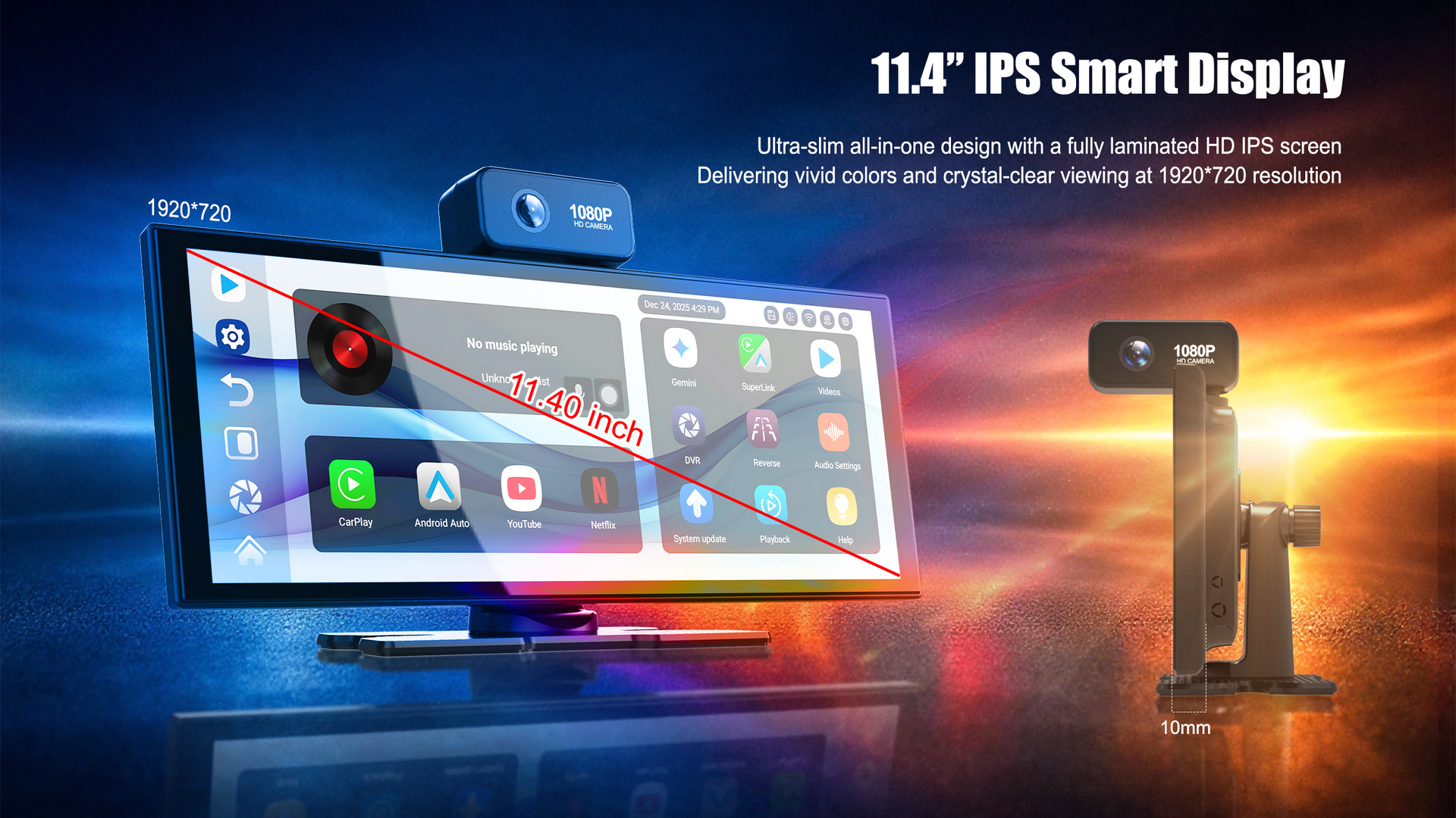 11.4inch Dashcam with Front and Rear Dual Recording, Wireless Carplay, Smart Screen, In-Car Navigation, Large Car Screen