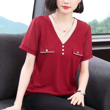 中年妈妈雪纺拼接上衣V领短袖T恤女大码宽松遮肚气质洋气半袖小衫