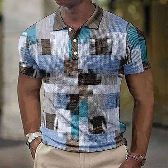 Botón de los hombres camisa polo a cuadros patrón solapa moda 3D Impresión digital moda urbana suelta casual