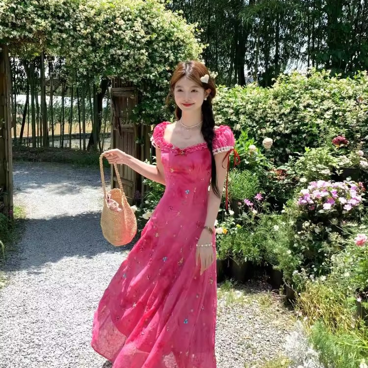 玫红色特别漂亮掐腰连衣裙夏女2025新款轻奢高级感收腰显瘦碎花裙|undefined