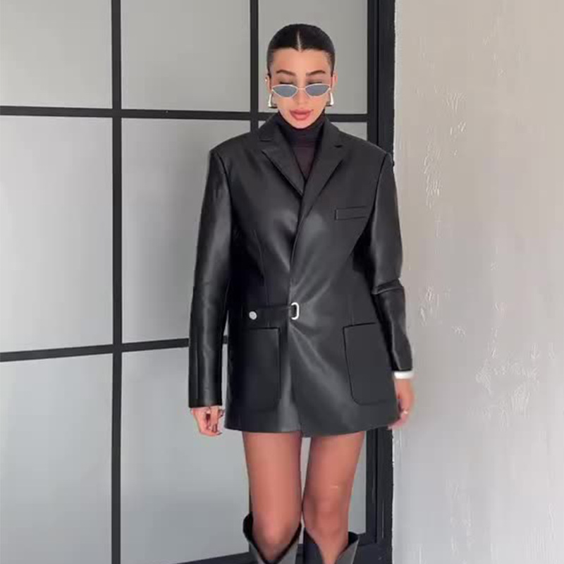 2025秋季欧美跨境亚马逊外贸女装气质时尚高级纯黑色西装皮衣外套
