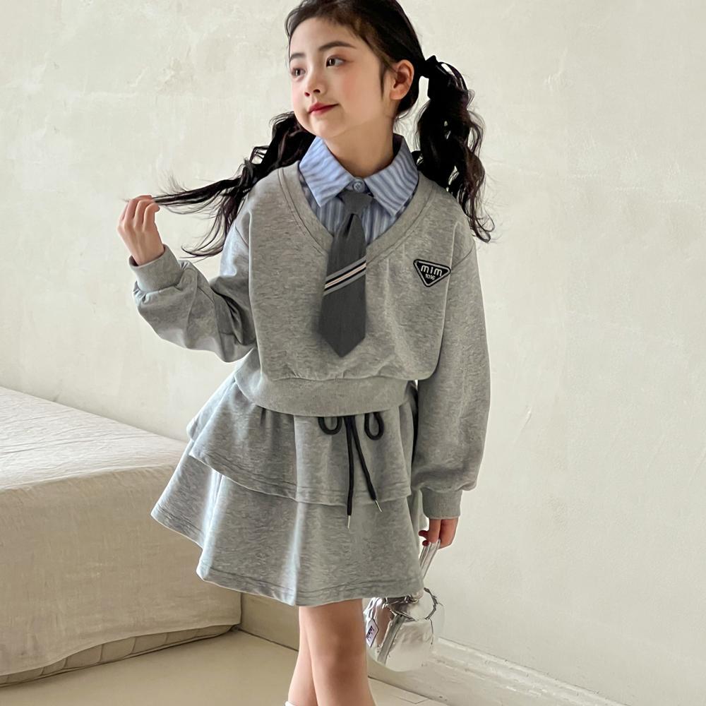 小红鱼女童学院风套装春秋2025儿童带领带休闲卫衣半身裙格雷系潮