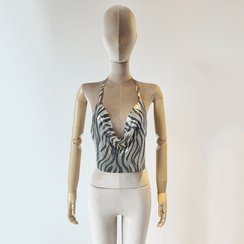 Cross-Border Supply European and American Metal Zebra Pattern Top Party Carnival V-Neck Sexy Backless Chest-Wrapped Vest S48
