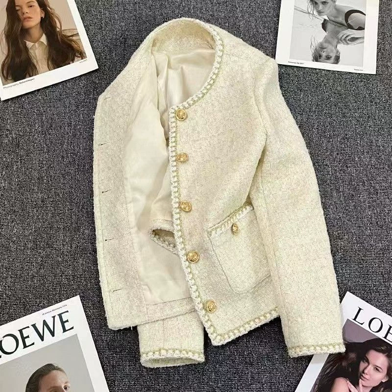 Ретро-пиджак твидовый, куртка осенняя в стиле Chanel, подкладка, Off-White (размеры S–XL)