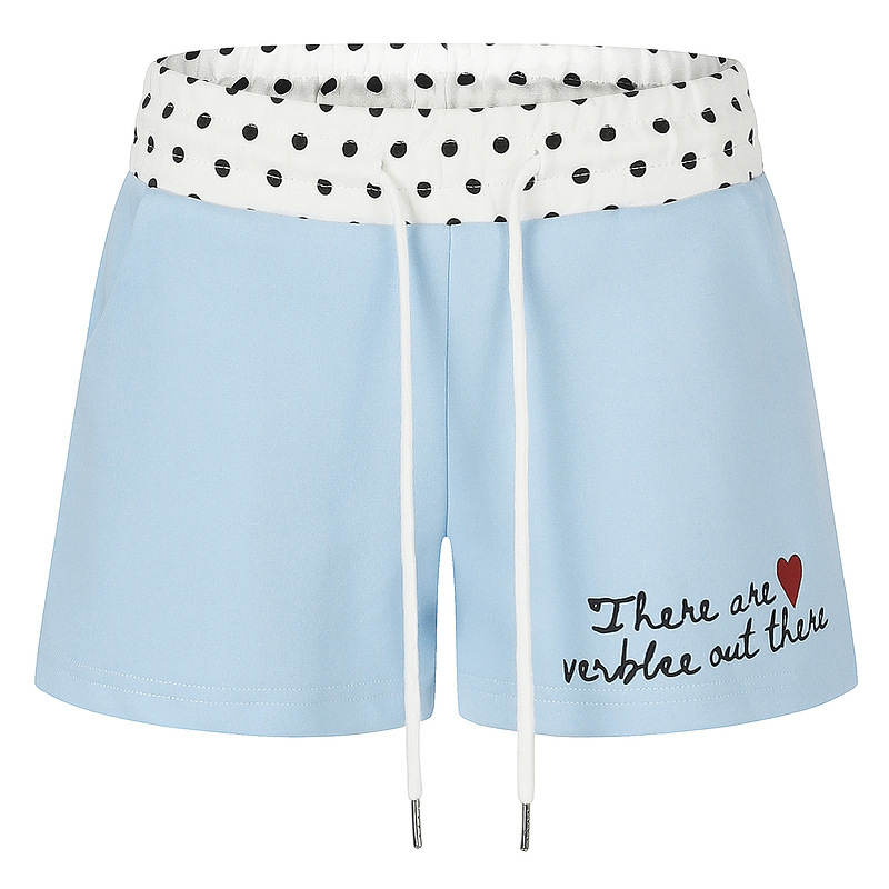 Sweet Casual Style Polka Dot Patchwork Shorts for Women, Blue Drawstring A-Line Versatile Sports Pants for Petite Students, Suitable for Jogging Sweet Casual Style Polka Dot Patchwork Shorts for Women, Blue Drawstring A-Line Versatile Sports Pants for Petite Students, Suitable for Jogging