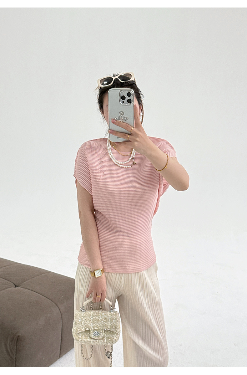 Áo thun nữ ngắn tay cổ tròn xếp ly co giãn cao — Tím hoa oải hương chi tiết 11