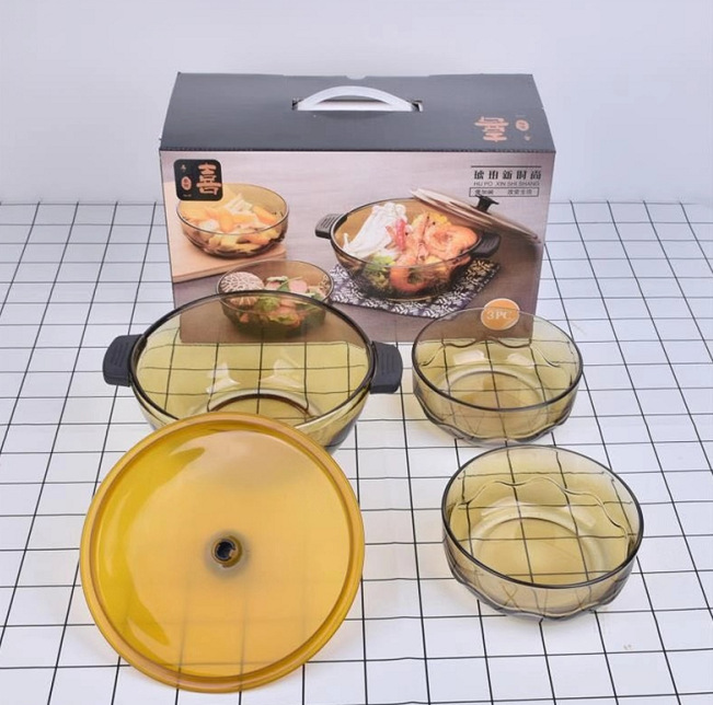 Tazón de vidrio Tazón de fideos instantáneos para el hogar de color marrón con tapa Olla de sopa de gran capacidad Espesar Juego de tazón de sopa de doble oreja para el hogar