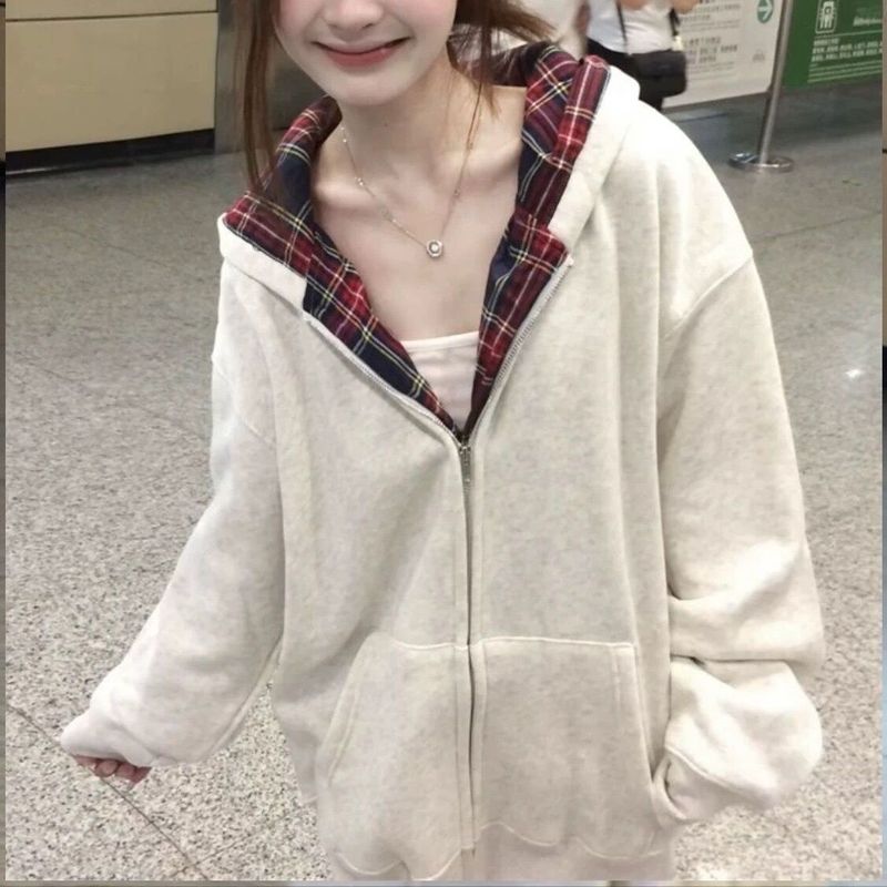 拼接格子连帽开衫卫衣女秋冬假两件美式潮牌重磅硬挺拉链开衫外套|undefined