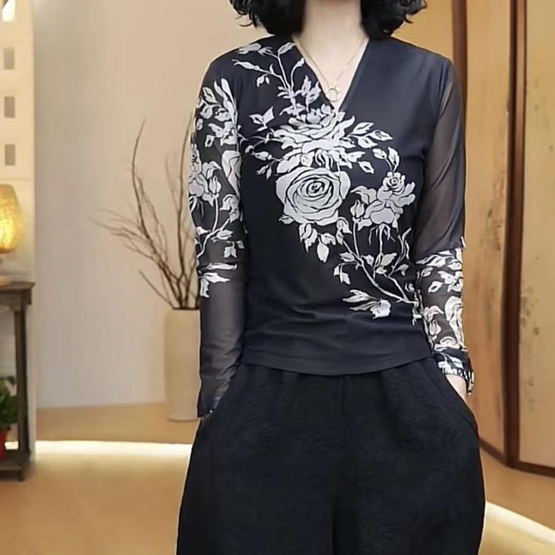 A unique early autumn women's mesh new elegant black blouse, base layer, stylish long sleeves