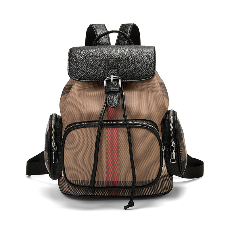 Plaid británico mochila femenina 2024 lona doble bolsillo viaje mochila bolsa cordón chica