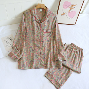 Rayon Lolita Lapel Long Sleeve Trousers Pajamas for Women Spring Summer and Autumn Thin Cotton Silk Cardigan Home Clothes for Mother
