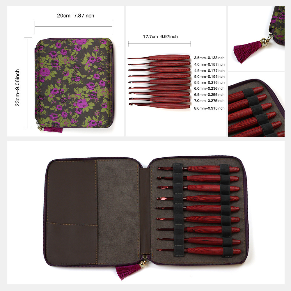 Herramientas transfronterizas pulidas manuales de madera ganchillo rojo madera sintética ergonómica ganchillo cabeza 9 paquetes