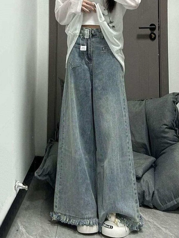Super wide-leg jeans for petite women, Hong Kong-style retro, loose fit, slimming, casual, versatile, with fringe and flared hem, trendy floor-length pants