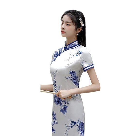 Spring and summer printed Chinese style short sleeve cheongsam stand collar girl's daily retro improved dress cheongsam