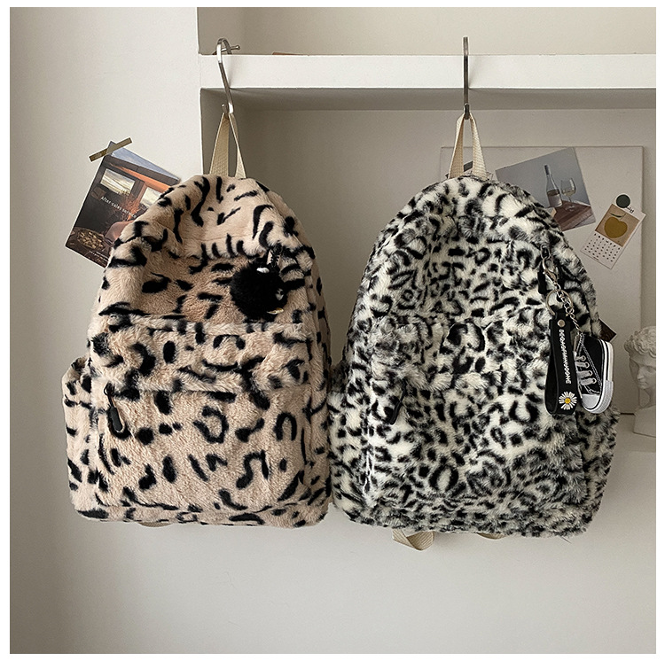 Backpack Female Leopard Print Plush Bag Autumn And Winter New Schoolbag display picture 4