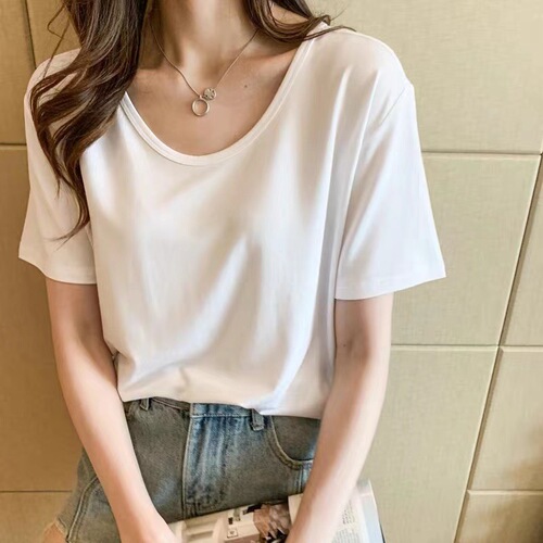 Minimalist U-neck high collar design sense short-sleeved T-shirt for women, summer large size loose and slimming stylish innerwear top