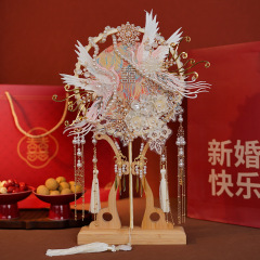 重工古風新婦喜扇diy材料包完成品中国式花火刺繍鳳凰二色両面結婚扇