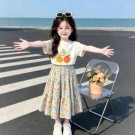 女童2026夏季新款韩版白色南瓜印花T恤碎花半身裙甜美洋气两件套