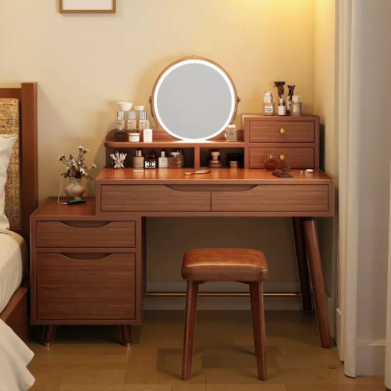 复古风梳妆台卧室家用2025新款书桌化妆桌子可伸缩边柜一体化妆台