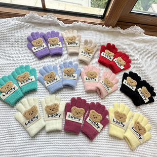 Autumn and Winter Cartoon Cute Lucky Bear Kidsren's Gloves Pure Color Five-Finger Thickeneded Outdoor Warm Knitted Gloves for Boys and Girls