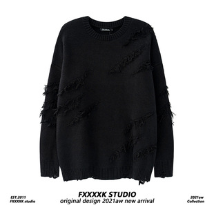 FXK Original High Street Niche Design Sense oversize Rip Tassel Loose Crewneck Sweater Couple Sweater