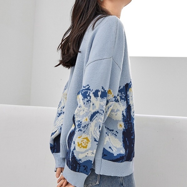 French Literary Retro Lazy Style Van Gogh Knitted Sweater for Women 2025 Autumn and Winter New High-End Knitted Cardigan