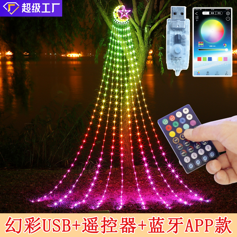 Luna nueva estrella de cinco puntas cascada luz Navidad estrella Luna al aire libre impermeable solar control remoto agua luz decorativa