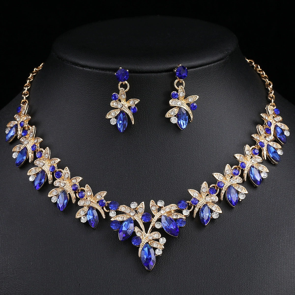 Earrings, necklace, chain, metal glass set, stone inlay, wedding dress, accessories, European style, dragonfly, for import