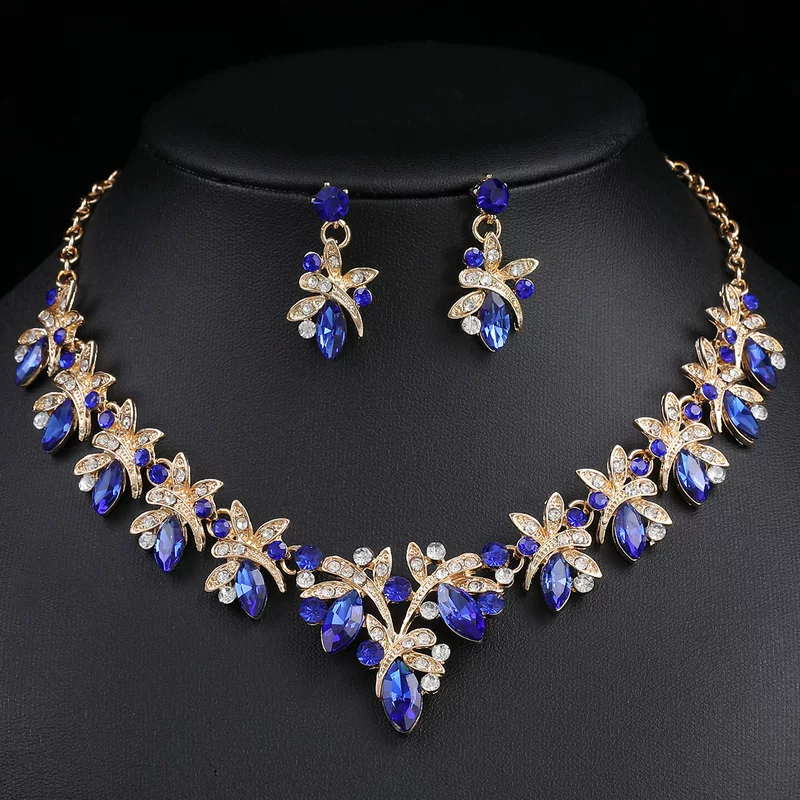 Earrings, necklace, chain, metal glass set, stone inlay, wedding dress, accessories, European style, dragonfly, for import