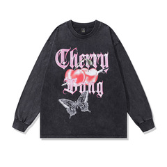 TKPA街頭復古國潮牌ins甜酷蝴蝶印花休閒情侶長袖t恤男女打底上衣