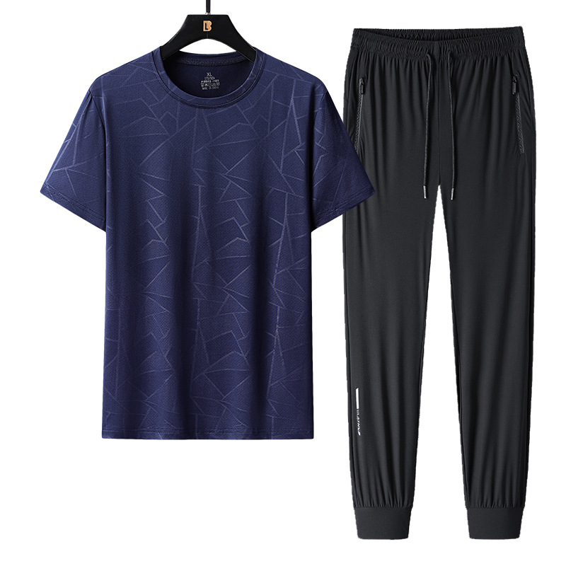 Traje de ocio deportivo para hombre de verano, seda de hielo, cuello redondo de secado rápido, pantalones de manga corta, camiseta para hombre, traje de dos piezas de gran tamaño de verano