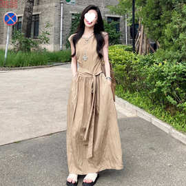 Y9Z2026新款韩系高级感无袖背心卡其色连衣裙子女夏绑带收腰显瘦