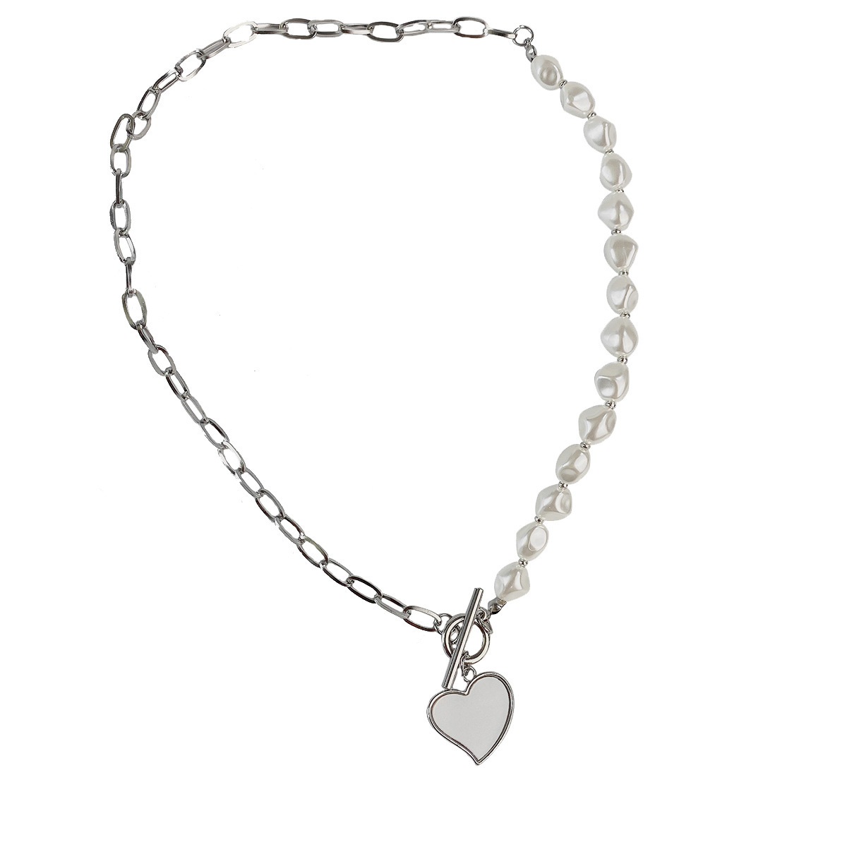 Titanium Steel Love Pearl Ot Buckle Necklace Simple Asymmetric Splicing Clavicle Chain display picture 3