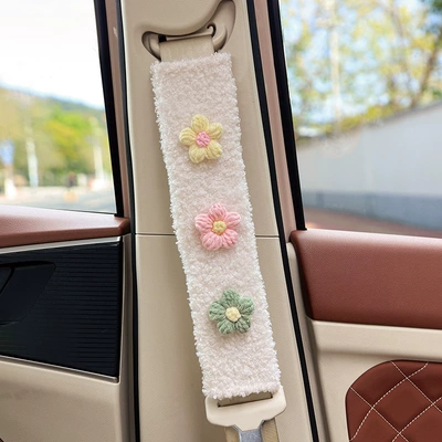 Extended Belt Covers Seat belt shoulder pad - three-little-flowers-white-lambswool-shoulder-pad-30cm-single