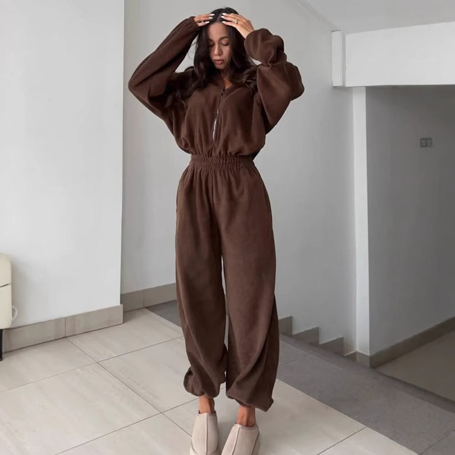 European and American Spring & Fall Women's New Fashion Long-Sleeved Jumpsuit Women's Casual Half-Cardigan Elastic Waist Jumpsuit Suit