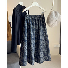 韩版复古印花半身裙女2025秋冬新款高腰宽松显瘦休闲中长款蓬蓬裙