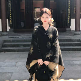 高品质原纱银杏叶披肩外搭民族风斗篷保暖围巾披风女保暖百搭围巾