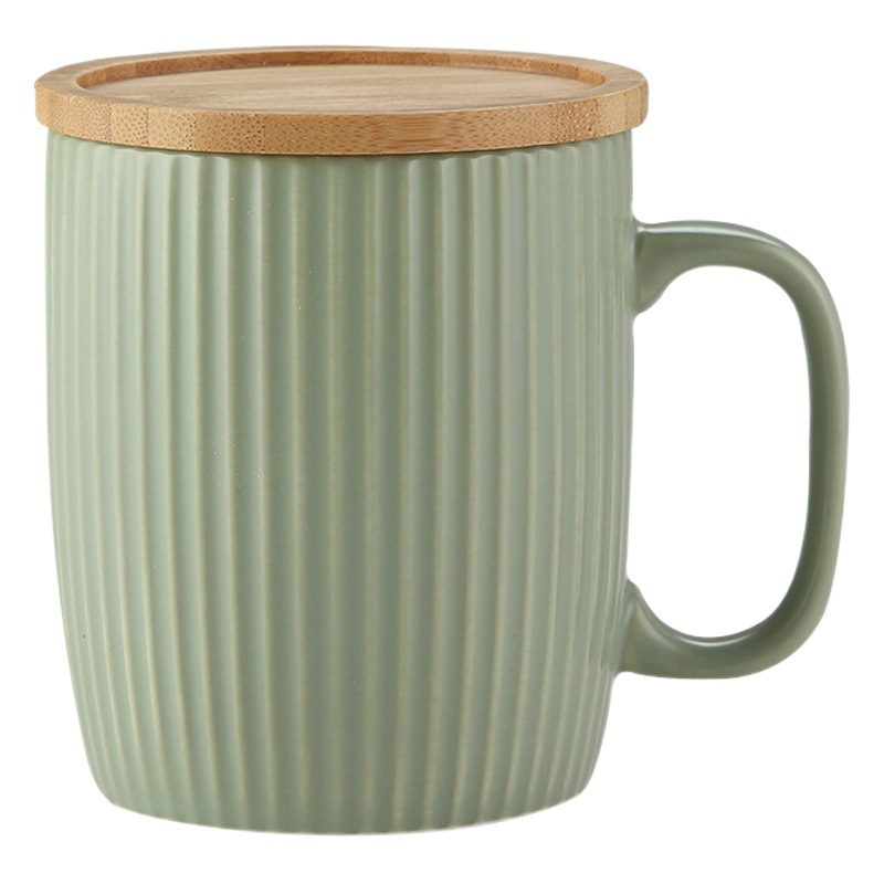Taza de cerámica con esmalte coloreado y patrón vertical, con tapa, diseño fresco y simple, ideal para desayuno oficina café y agua