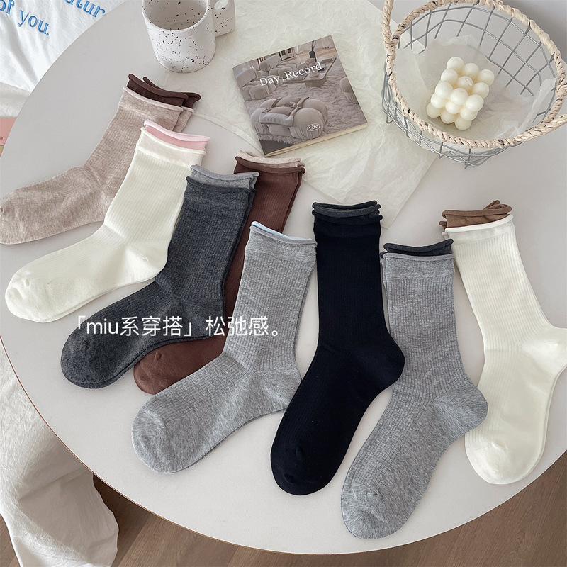 Miu Style Double-Layer Curl Socks Women's Autumn and Winter New Casual Lazy All-Match Ins Fashionable South Korea Stacked Cotton Socks