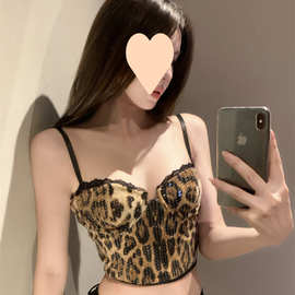 港风性感豹纹亮片鱼骨吊带背心女装秋季辣妹短款修身打底抹胸上衣