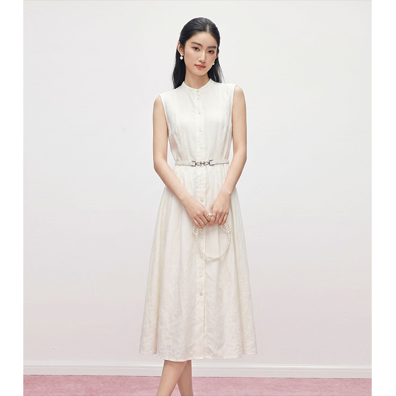 【Lang*Order】Linen Elegant Commuting Belted Waist Sleeveless Dress Summer Minimalist Style Stand Collar Long Dress 【Lang*Order】Linen Elegant Commuting Belted Waist Sleeveless Dress Summer Minimalist Style Stand Collar Long Dress