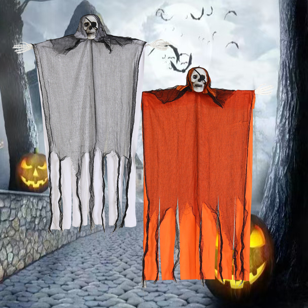 Accesorios de decoración de Halloween, gasas de calavera, muecas, fantasmas colgantes, adornos en la puerta de la casa embrujada, cabezas de calabaza colgantes, fantasmas de terror
