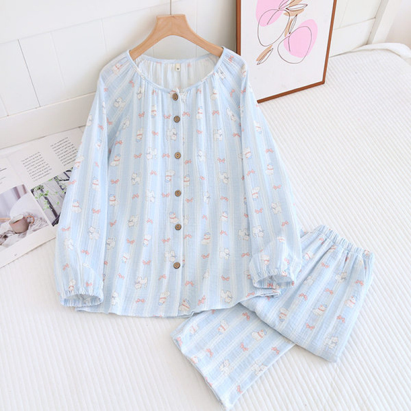 Class a Pure Cotton New Women's Double-Layer Cotton Yarn Combed Cotton Soft and Comfortable Long-Sleeved Pure Cotton Home Wear Suit Loose