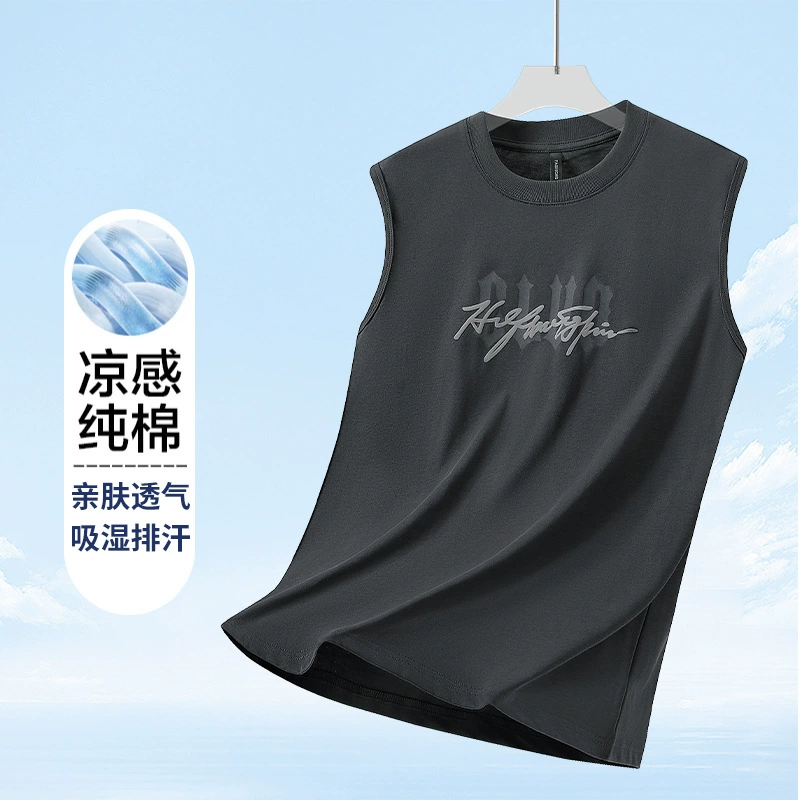 Трансграничная летняя прямая трансляция, популярный жилет без рукавов со стальным принтом, свободная футболка большого размера из плотного хлопка, которую можно открывать дважды.