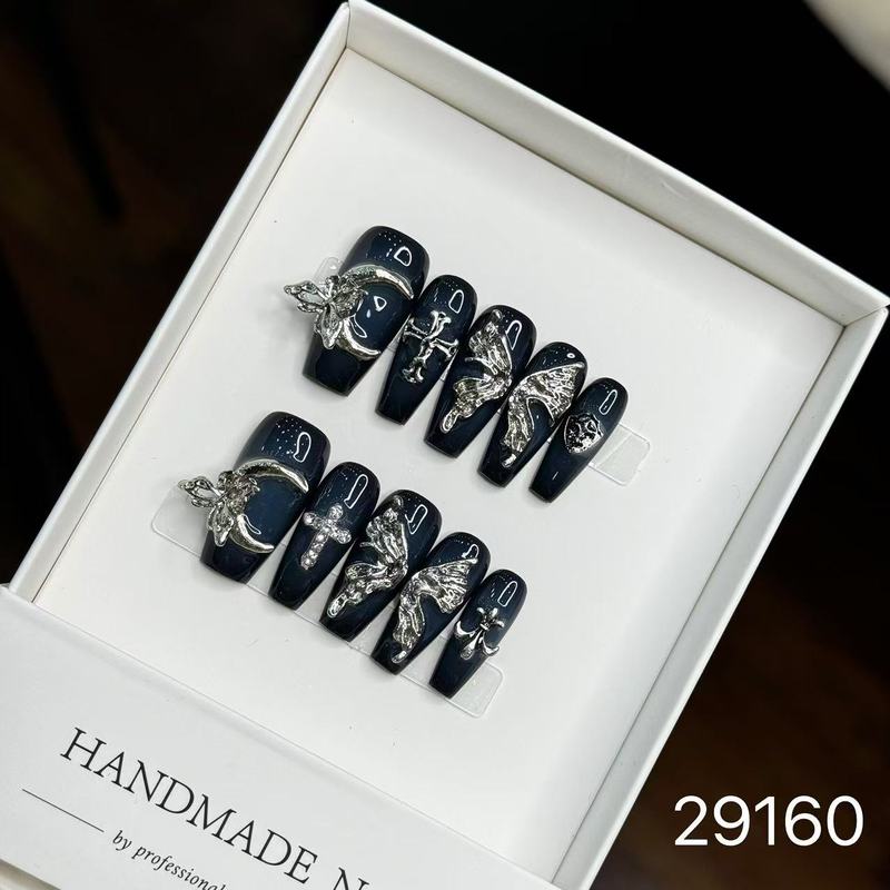 【純手作りのつけ爪29-32】ロングフレンチキャットアイパッチ付け爪、取り外し可能なネイルアートコレクション|undefined