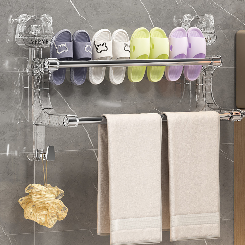 Multi-functional non-perforated suction cup towel rack stainless steel wall-mounted bath towel storage rack double-pole adjustable slipper rack