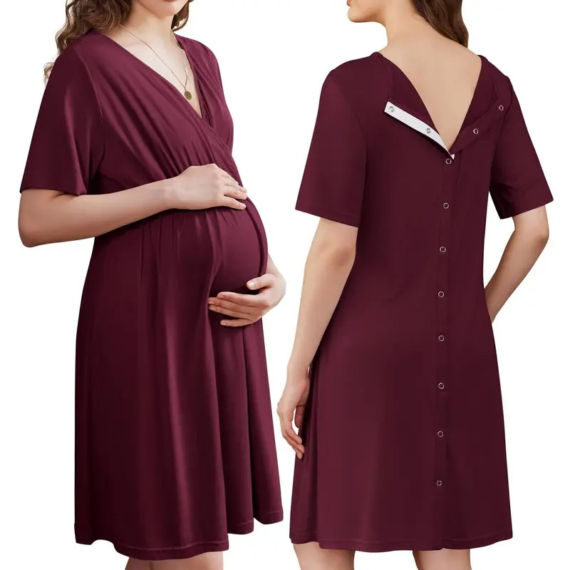 Stillkleid für Schwangere, Kurzarm, Weicher Stoff, V-Ausschnitt, Stillzugang und Einfacher Tragekomfort, Schwangerschafts- und Krankenhauskleid – Detail 15