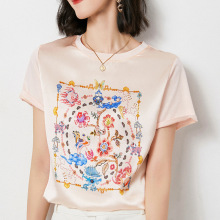 2021新款夏季真丝缎面短袖t恤女印花桑蚕丝韩版宽松百搭显瘦上衣