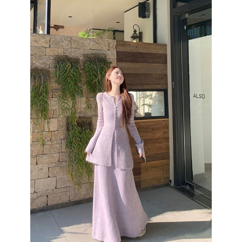 法式韩版超仙毛衣套装女秋冬新款修身显瘦设计感收腰中长半身裙两|undefined