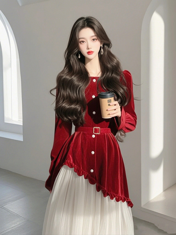 法式拼接红色丝绒连衣裙女2025早秋季女装假两件气质收腰长裙子|undefined